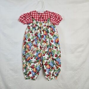 Jo Lene Vintage 80s/90s Red White Gingham Colorful Fruit Print Cotton Romper 18M